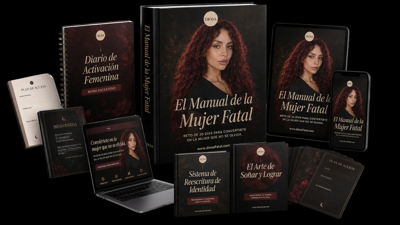 Mockup del Manual de la Mujer Fatal con sus bonos digitales